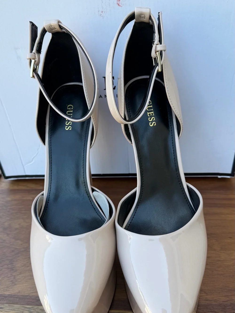 GUESS Nude Patent Platform Ankle-Strap Pump